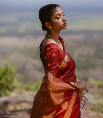 Red Handloom Silk Cotton Saree With Zari Border-SC4111