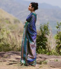 Blue Handloom Silk Cotton Saree With Checks & Buttas-SC4105