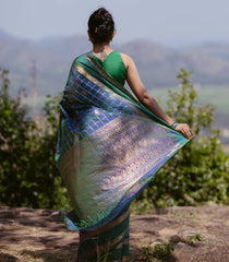Blue Handloom Silk Cotton Saree With Checks & Buttas-SC4105