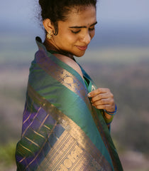 Blue Handloom Silk Cotton Saree With Checks & Buttas-SC4105