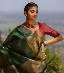 Dark Green Handloom Silk Cotton Saree With Annam Buttas-SC4073