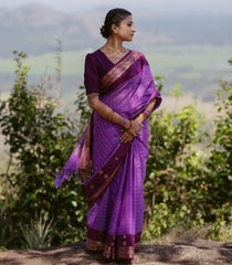 Lavender Handloom Kanchi Cotton Saree With Checks-KC1762