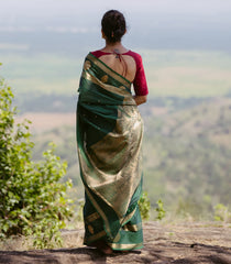 Dark Green Handloom Kanchi Cotton Saree With Buttas & Zari Border-KC1766