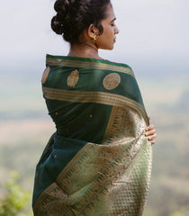 Dark Green Handloom Kanchi Cotton Saree With Buttas & Zari Border-KC1766