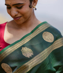 Dark Green Handloom Kanchi Cotton Saree With Buttas & Zari Border-KC1766