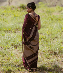 Dark Brown Handloom Maheswari Silk Cotton Saree With Buttas-SC4163