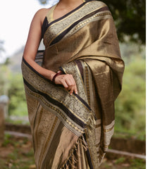 Dark Beige Handloom Silk Cotton Saree With Stripes-SC4108