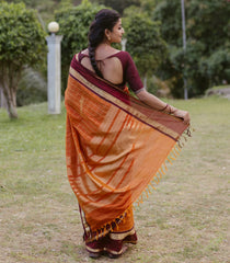Rust Handloom Silk Cotton Saree With Checks & Contrast Border-SC4112