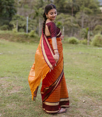 Rust Handloom Silk Cotton Saree With Checks & Contrast Border-SC4112