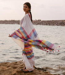White Woven Bengal Cotton Saree With Multi Colour Checks-BG1871