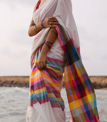 White Woven Bengal Cotton Saree With Multi Colour Checks-BG1871