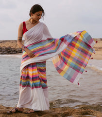 White Woven Bengal Cotton Saree With Multi Colour Checks-BG1871