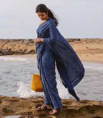 Indigo Printed Jaipur Cotton Saree With Floral Motifs-JC1573