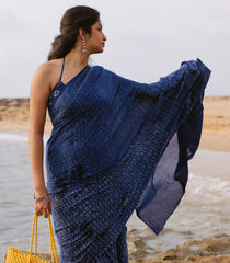 Indigo Printed Jaipur Cotton Saree With Floral Motifs-JC1573