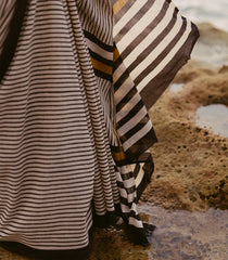 Off White Printed Jaipur Cotton Saree With Black Stripes-JC1572