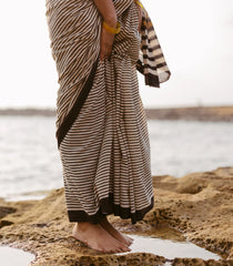 Off White Printed Jaipur Cotton Saree With Black Stripes-JC1572