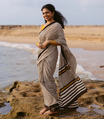 Off White Printed Jaipur Cotton Saree With Black Stripes-JC1572