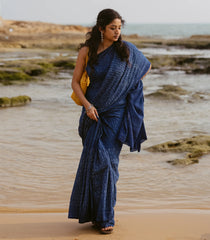 Indigo Printed Jaipur Cotton Saree With Floral Motifs-JC1573