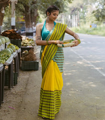 Yellow Handloom Bengal Cotton Saree With Stripes Border-BG1868