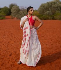 Off White Handloom Bengal Cotton Saree With Checks & Buttas-BG1662