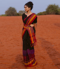 Black Handloom Bengal Cotton Saree With Stripes & Buttas-BG1644