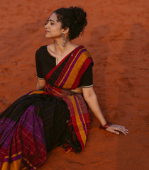 Black Handloom Bengal Cotton Saree With Stripes & Buttas-BG1644