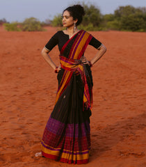 Black Handloom Bengal Cotton Saree With Stripes & Buttas-BG1644