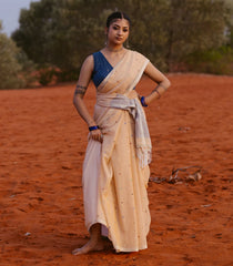 Beige Handloom Bengal Cotton Saree With Coin Buttas-BG1659