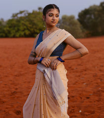 Beige Handloom Bengal Cotton Saree With Coin Buttas-BG1659