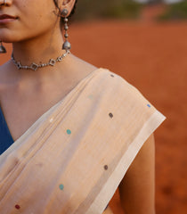 Beige Handloom Bengal Cotton Saree With Coin Buttas-BG1659