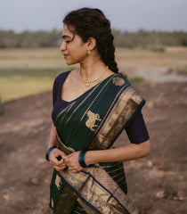 Bottle Green Handloom Silk Cotton Saree With Zari Stripes-SC4109