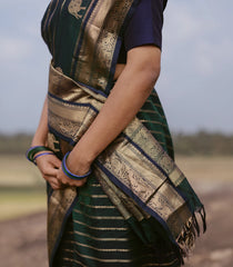 Bottle Green Handloom Silk Cotton Saree With Zari Stripes-SC4109