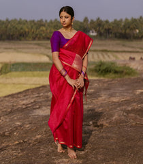 Red Handloom Maheswari Silk Cotton Saree With Zari Checks-SC4164
