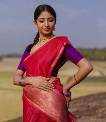 Red Handloom Maheswari Silk Cotton Saree With Zari Checks-SC4164