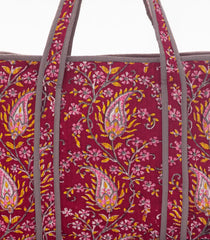 Red Bagru Printed Handmade Cotton Quilted Tote Bag With Zipper-ACS1045