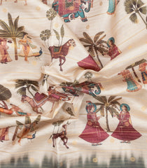 Cream Printed Synthetic Dupion Saree With Zari Stripes & Black Border-SY0233