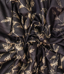 Black Handloom Tussar Silk Saree With Printed Floral Motifs & Madhubani Pallu-TU2806