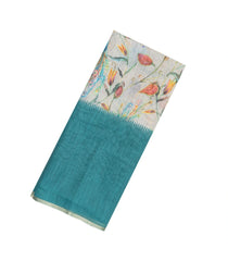 Cyan Woven Art Linen Saree With Printed Bird Motifs-BL3726