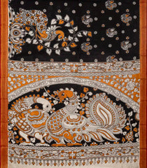 Black Woven Kalamkari Printed Cotton Saree With Peacock Motifs