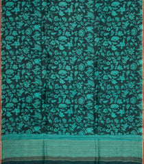 Black Handloom Linen Saree With Printed Turquoise Floral Motifs-LI0784