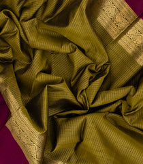 Olive Green Handloom Kanchipuram Silk Saree With Zari Checks -KA14117