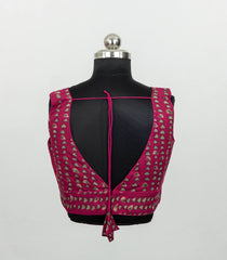 Pink Printed V Neck Ready Made Sleeveless Blouse With Back Open Style-RB5176