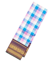 Multi Colour Handloom Korvai Kanchipuram Silk Saree With Checks & Contrast Border-KA13125