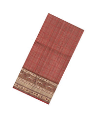 Brown Woven Tussar Silk Saree With Checks & Printed Floral Motifs-TU3083