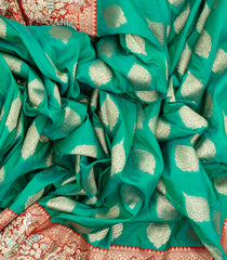 Aquamarine Woven Blended Satin Saree With Embroidered Floral Motifs-BL3801