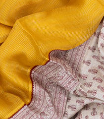 Yellow Printed Tussar Silk Saree With Stripes & Contrast Printed Border-TU3692