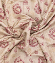 Taupe Printed Tussar Silk Saree With Tribal Motifs-TU3782