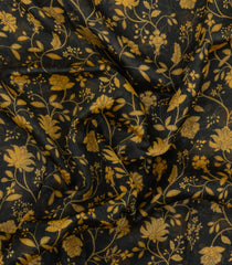 Black Handloom Linen Saree With Printed Yellow Floral Motifs-LI0783