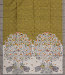 Olive Green Printed Synthetic Tussar Silk Saree With Contrast Temple Border-SY0114