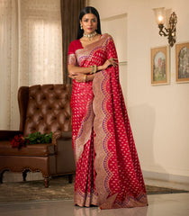 Red Woven Blended Satin Saree With Zari Motifs & Embroidered Cutwork Border-EN2204
